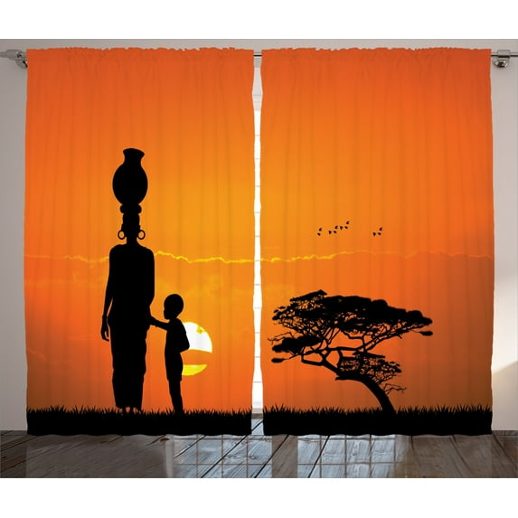 Ambesonne Afro Curtains 2 Panel Set, and Mother in Desert, 108" x 84", Orange Black