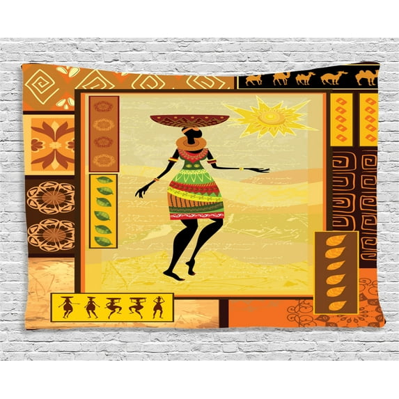 Afro Decor Tapestry, African Girl Dressed Ethnic under Sun Figure Folk Culture Tribal Elegance Display, Wall Hanging for Bedroom Living Room Dorm Decor, 60W X 40L Inches, Multi, by Ambesonne