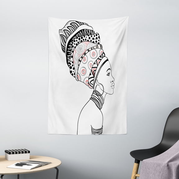 Afro Decor Tapestry, Exotic Safari Lady in Boho Turban Glamour Authentic Folkloric Fashion Design, Wall Hanging for Bedroom Living Room Dorm Decor, 40W X 60L Inches, Grey White, by Ambesonne