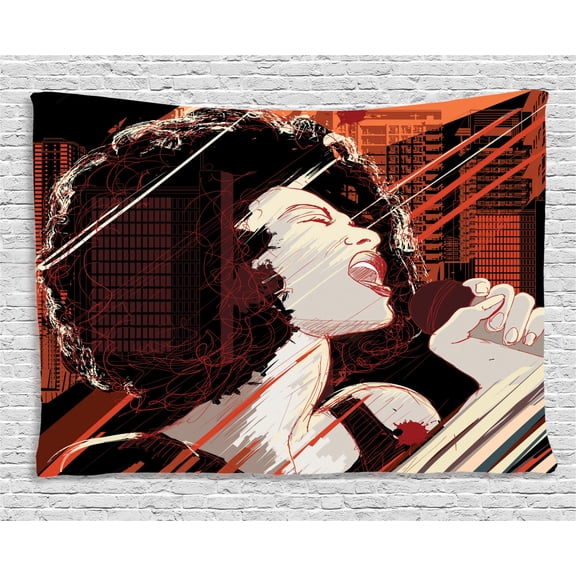 Afro Decor Tapestry, Jazz Singer Woman Performing on Grunge Background Musical Sound Illustration , Wall Hanging for Bedroom Living Room Dorm Decor, 60W X 40L Inches, Black Red, by Ambesonne