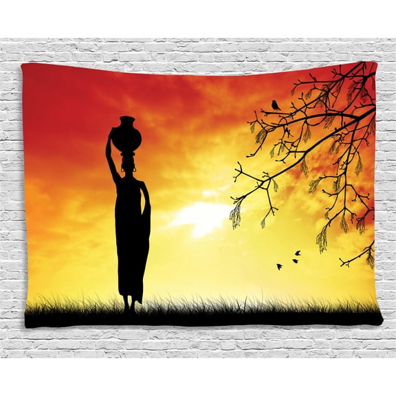 Afro Decor Tapestry, Silhouette of Local Lady with Pot on the Head at Sunset Safari Illustration, Wall Hanging for Bedroom Living Room Dorm Decor, 80W X 60L Inches, Black Orange, by Ambesonne