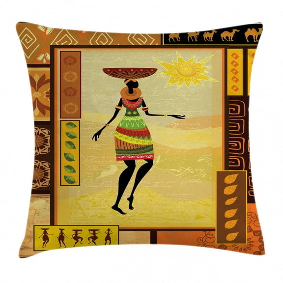 Afro Decor Throw Pillow Cushion Cover, African Girl Dressed Ethnic under Sun Figure Folk Culture Tribal Elegance Display, Decorative Square Accent Pillow Case, 16 X 16 Inches, Multi, by Ambesonne