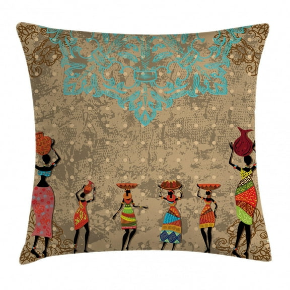 Afro Decor Throw Pillow Cushion Cover, Vintage Girls with Pots on the Head on Folkloric Boho Background Illustration, Decorative Square Accent Pillow Case, 16 X 16 Inches, Seafom Cocoa, by Ambesonne