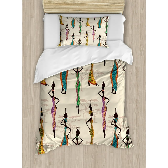 Afro Decor Twin Size Duvet Cover Set, Vintage Stylized Ladies in Local Traditional Dress with Jugs on the Heads Artwork, Decorative 2 Piece Bedding Set with 1 Pillow Sham, Multi, by Ambesonne