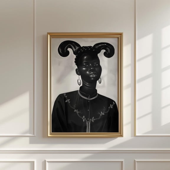 Afro Girl With Horns Art Print, Black Woman Portrait With Unique Hairstyle, Ethnic, Surreal African American Art Wall Art, Modern Wall Decor, 16x24 UNFRAMED