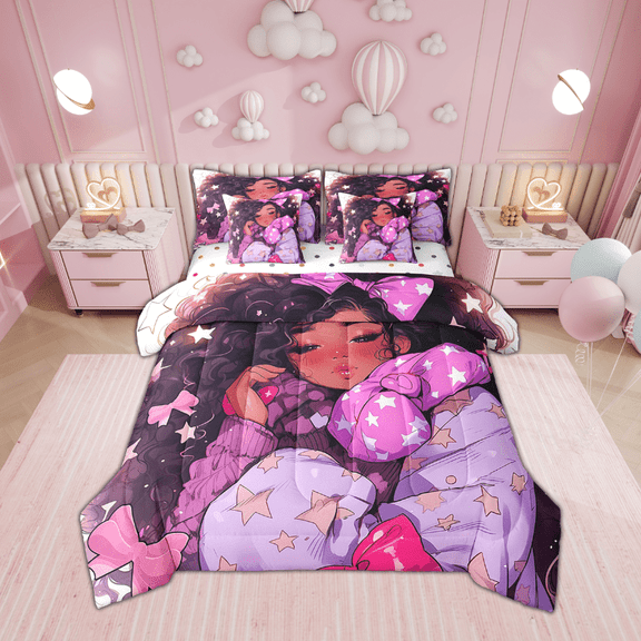 Afro 7 Piece Comforter Set Full Bed in a Bag,American African Princess Magical Bedding Sets Pink Black Hair R Stars Sheet Set with Comforter