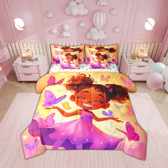 Afro 7 Piece Comforter Set Full Bed in a Bag,American African Princess Bedding Sets Black Hair Butterfly Sheet Set with Comforter