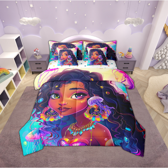 Afro Girls 7 Piece Comforter Set Full Bed in a Bag,American African Princess Bedding Sets Black Hair Girl Ocean Jellyfish Sheet Set with Comforter