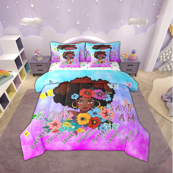 Afro 7 Piece Comforter Set Full Bed in a Bag,Magical American African Bedding Sets Black Hair Princess Sheet Set with Comforter