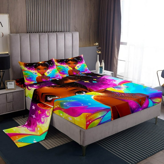 Afro Bed Sheets Set American African Princess Magical Sheet Set Black Hair Sheets Full,Dreamy Butterfly Kawaii Room Decor Aesthetic Teens