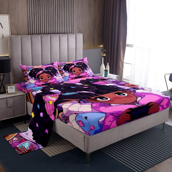 Afro Bed Sheets Set American African Princess Magical Sheet Set Gamer Black Hair Sheets Full,Kawaii Room Decor Teens