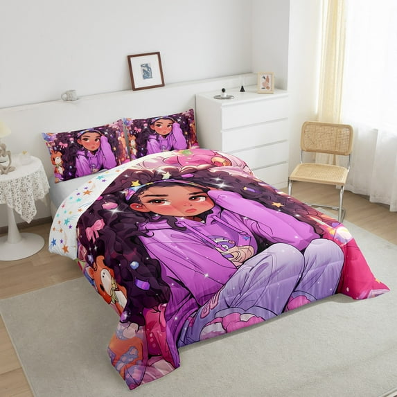 Afro Bedding Comforter Sets American African Princess Magical Comforter Set Black Hair Quilt Full,Kawaii Room Decor Teens,Purple