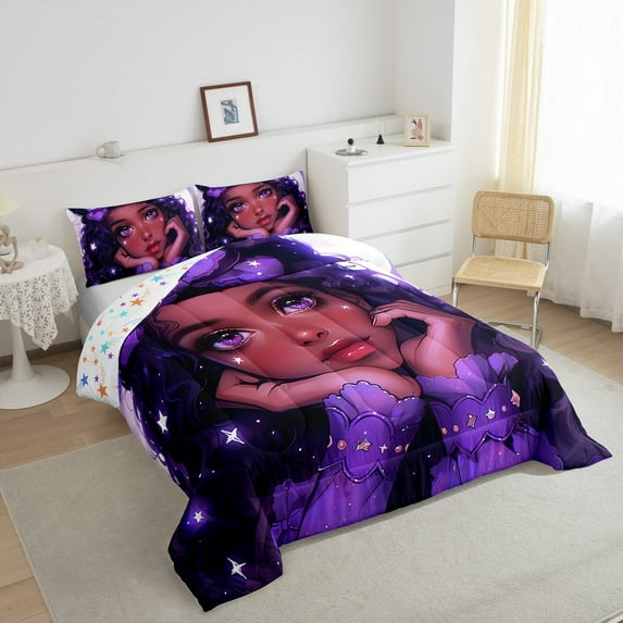 Afro Bedding Comforter Sets American African Princess Magical Comforter Set Black Hair Quilt King,Purple Bow Kawaii Room Decor Teens