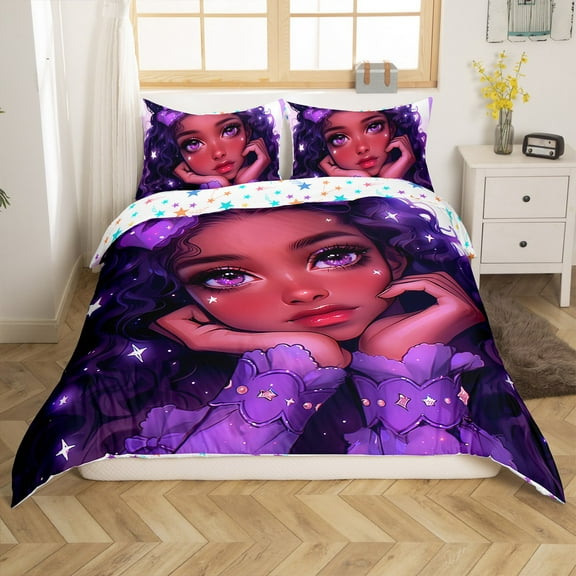 Afro Duvet Cover American African Princess Magical Bedding Set Black Hair Comforter Cover King,Purple Bow Kawaii Room Decor Teens