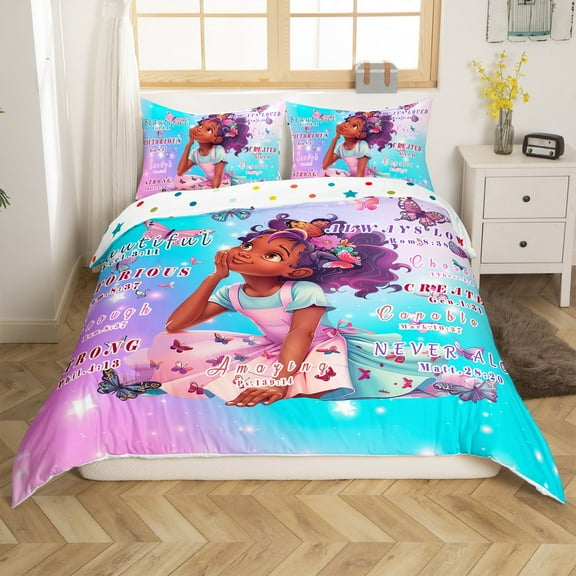 Afro Duvet Cover Inspirational Quotes American African Princess Magical Bedding Set Black Hair Comforter Cover Full,Kawaii Room Decor Teens