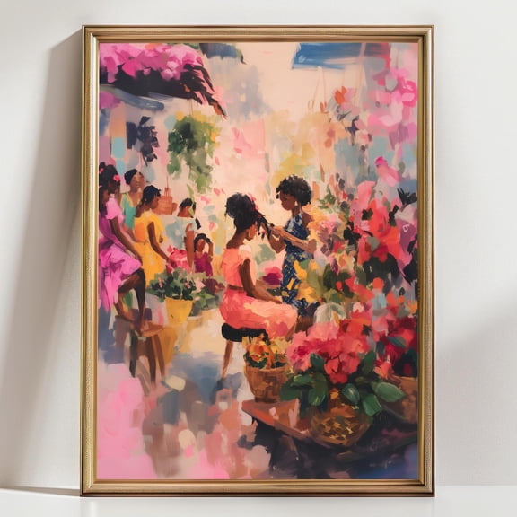 Afro Hairdresser Art Vibrant African American Wall Decor Cultural Community Marketplace Art, Unframed Canvas 8x10in