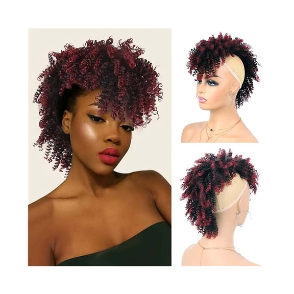 Afro High Puff Bun Mohawk Ponytail with Bangs Short Kinky Curly Ponytail Hairpieces for Black Women