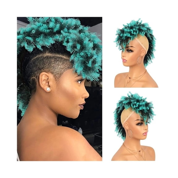 Afro High Puff Bun Mohawk Ponytail with Bangs Short Kinky Curly Ponytail Hairpieces for Black Women