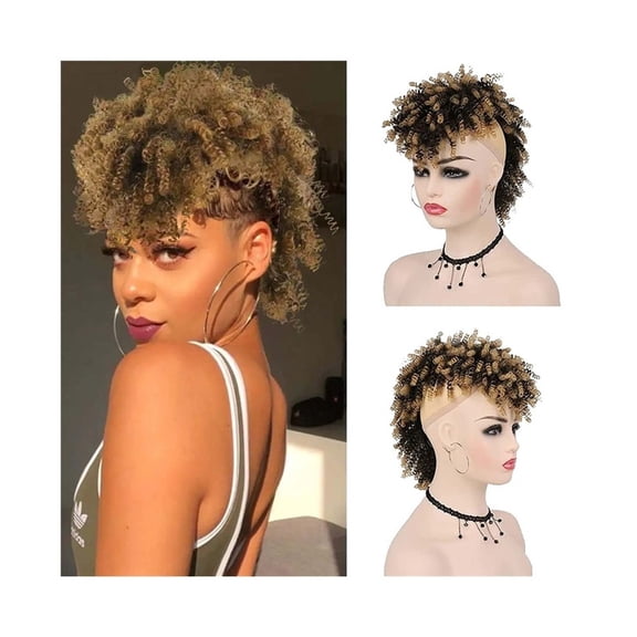 Afro High Puff Bun Mohawk Ponytail with Bangs Short Kinky Curly Ponytail Hairpieces for Black Women