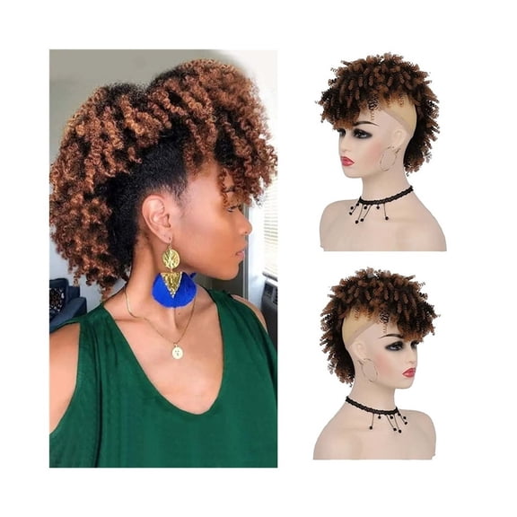 Afro High Puff Bun Mohawk Ponytail with Bangs Short Kinky Curly Ponytail Hairpieces for Black Women