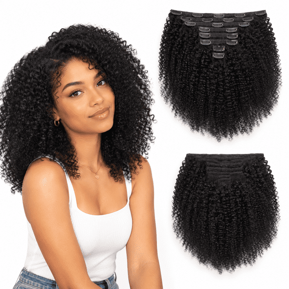 Afro Kinky Curly Clip Human Hair Black 16 Inch