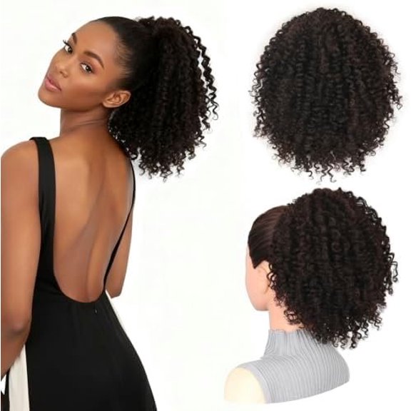 Afro Kinky Curly Drawstring Ponytail for Black Women, 10 Inch Short Updo Ponytail Extension with 4 Invisible Combs,  Look for Daily Outfits (4#  Brown)
