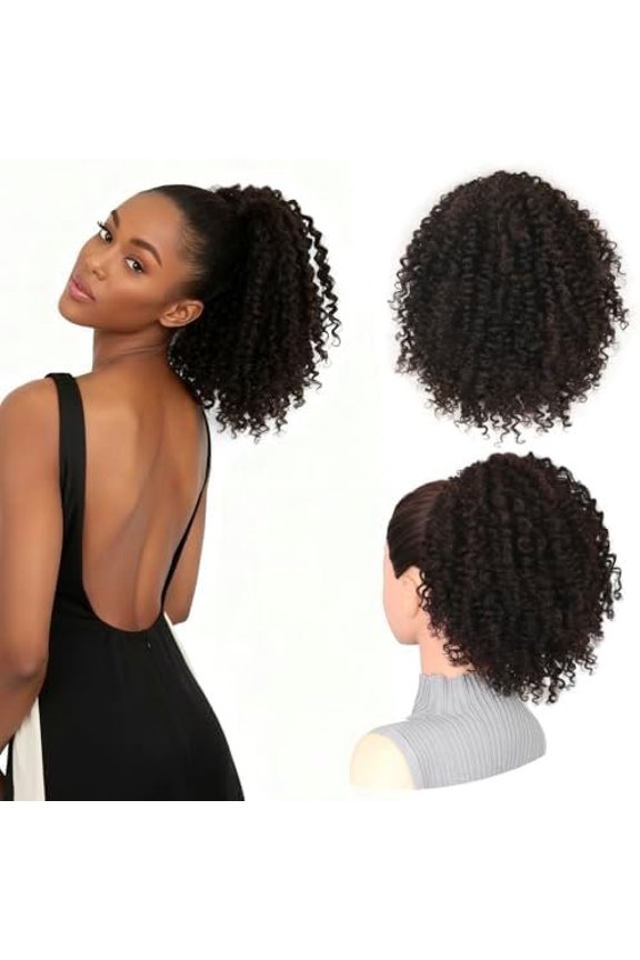 Afro Kinky Curly Drawstring Ponytail for Black Women, 10 Inch Short Updo Ponytail Extension with 4 Invisible Combs, Look for Daily Outfits (4# Brown)