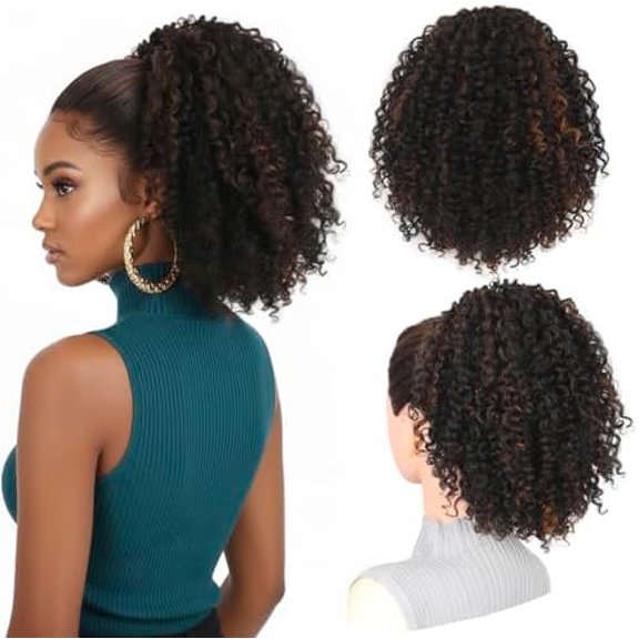 Afro Kinky Curly Drawstring Ponytail for Black Women, 10 Inch Short Updo Ponytail Extension with 4  Combs, Chestnut Highlights for  Look (MB/33#)