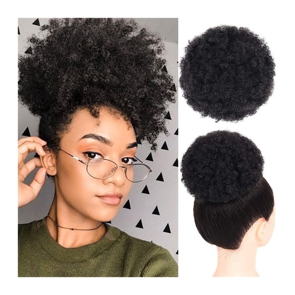 Afro Kinky Curly Human Hair Clip In Chignon Bun Ponytail Extensions - Natural Black 8 Inch Drawstring Hair Piece for Women & Girls