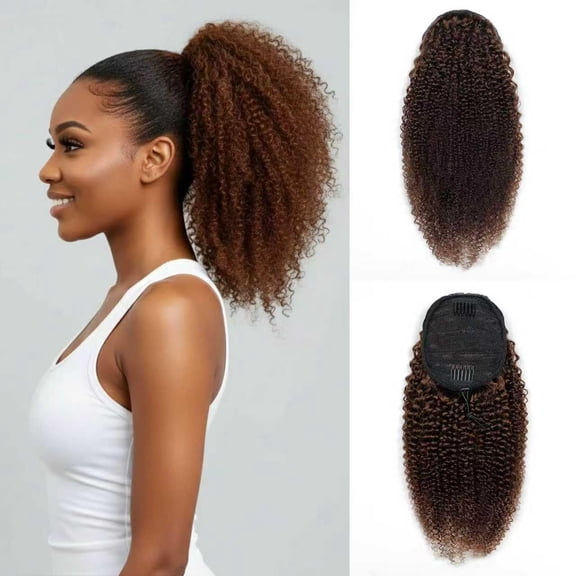 Afro Kinky Curly Ponytail Human Hair 150% Density Brazilian Virgin Hair 4C Afro Puff Drawstring Ponytail Extension for Black Women Dark Brown Color 20 Inch 4#