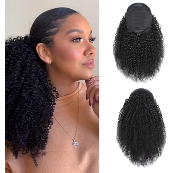 Afro Kinky Curly Ponytail Human Hair 150% Density Brazilian Virgin Hair 4C Afro Puff Drawstring Ponytail Extension for Black Women Color 14 Inch