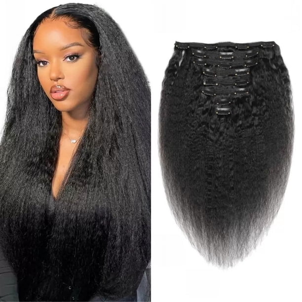 Afro Kinky Straight Hair Clip In Human Hair Extensions 8 Pcs  display picture 1