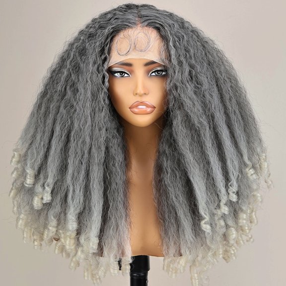 Afro Kinky Straight Lace Front Grey Wig 20 Inch T Part Salt and Pepper Wigs for Black Women Transparent Swiss Lace with Baby Hair Natural 4C Wigs