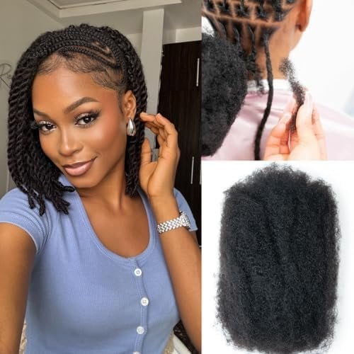Afro Kinkys Bulk Human Hair Extensions Human Hair for Mini Twist, Braids, Dreadlocks, Loc Extensions 50g 18" #1B