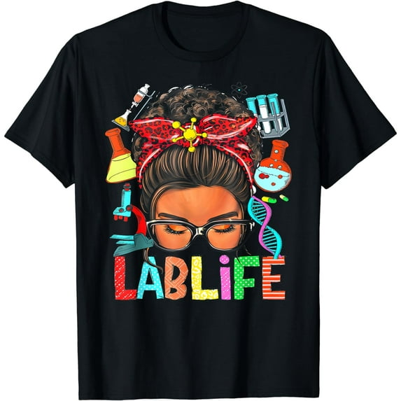 Afro Messy Bun Laboratory Life Lab Week 2024 Lab Technician T-Shirt