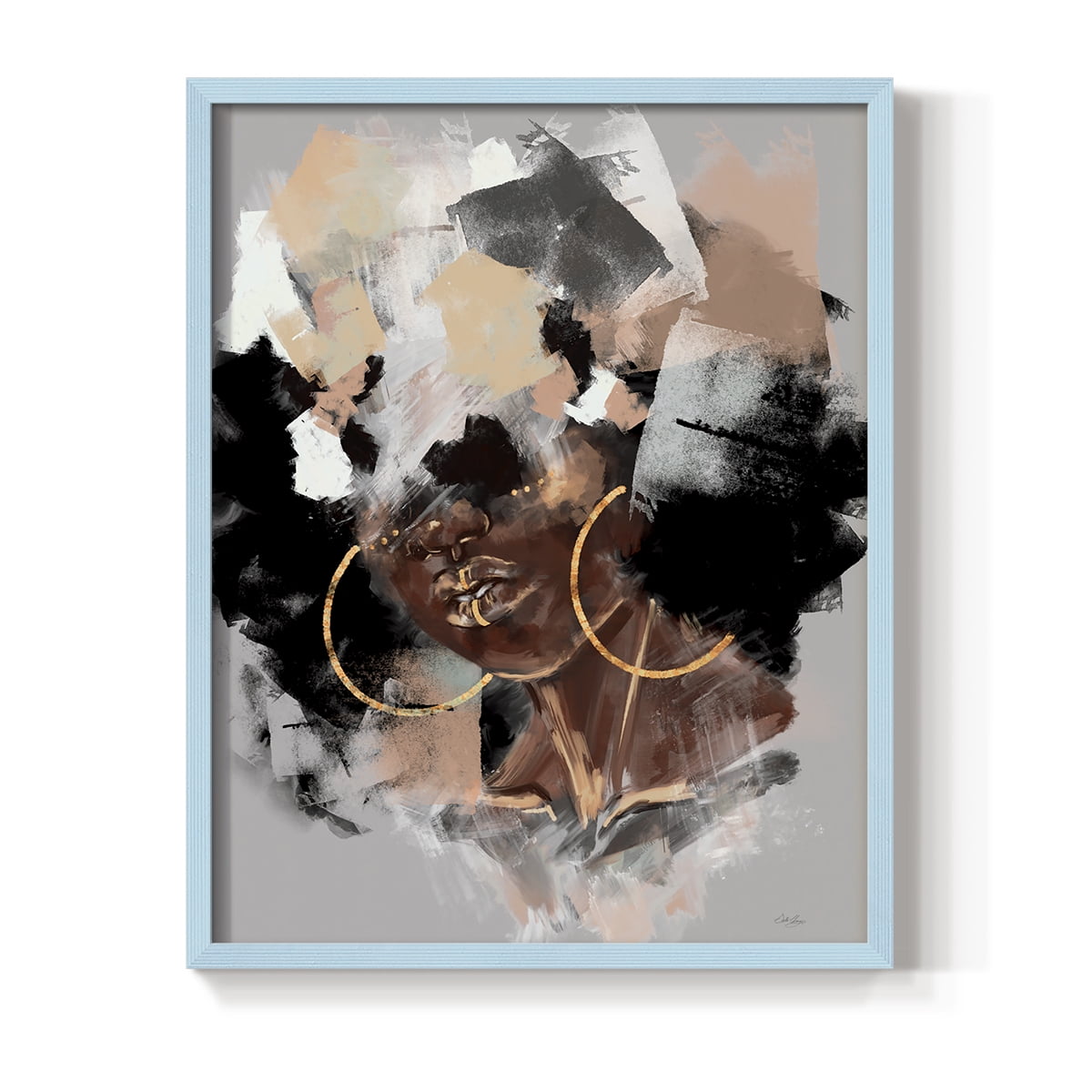 Afro Pop Framed Print in Blue Solid Wood Framed Print No Nail Hanging
