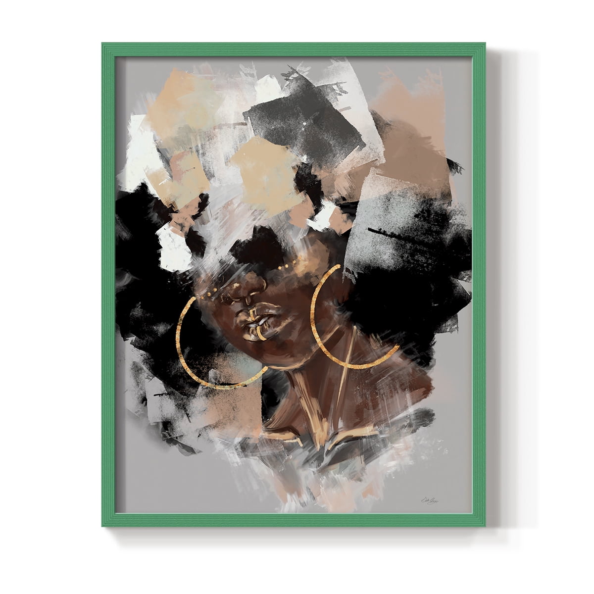 Afro Pop Framed Print in Green Solid Wood Framed Print No Nail Hanging