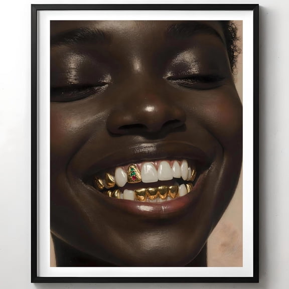 Afro Portrait Poster Wall Art, Smiling Black Woman with Glossy Skin, Gold Teeth, Red and Green Gemstones, Modern Painterly Face Poster Decor, Size 16x24 UNFFRAMED F03.1.7l2767