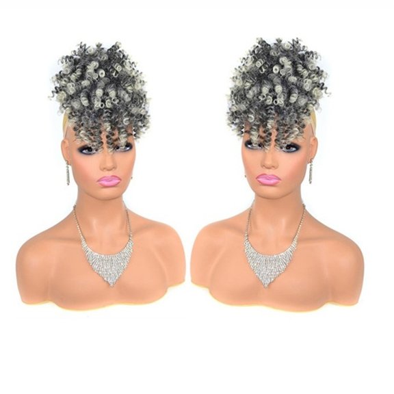 Afro Puff Bun with Bangs - Short Kinky Curly Hair Chignon - Synthetic Drawstring Ponytail Extension - 11 Colors Available