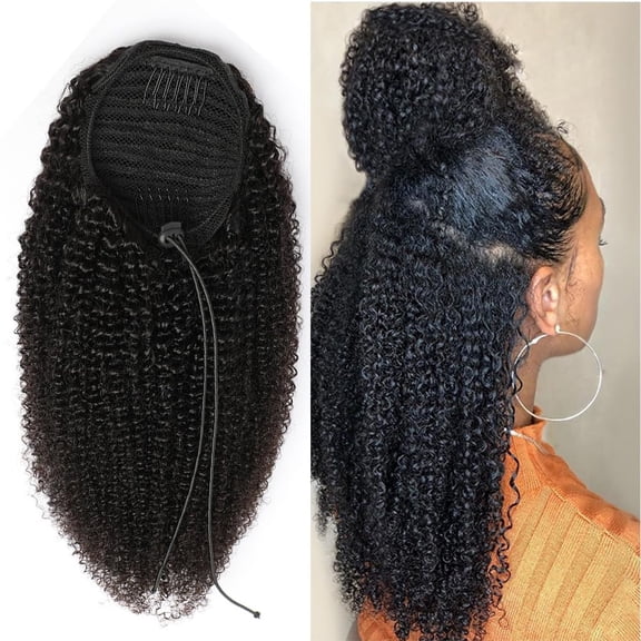 Afro Puff Drawstring Human Hai Ponytail Afro Kinkys Curly Pony Tail Hair Bun Hairpieces Clip in Ponytail Hair Extensions for Women 12inch,100g,Natural Black 1b