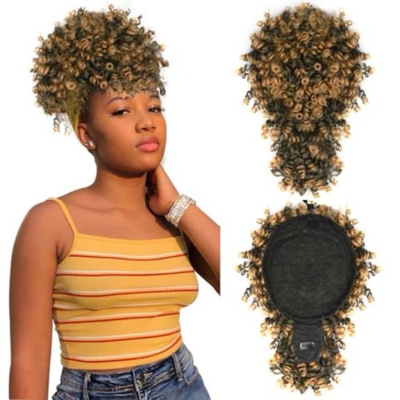 Afro Puff Drawstring Ponytail Bun with Bangs Black Kinky Curly Updo Hairpieces for Black Women Natural Black 1B