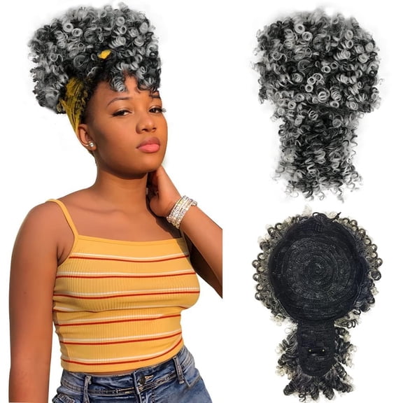 Afro Puff Drawstring Ponytail Bun with Bangs Black Kinky Curly Updo Hairpieces for Black Women Natural Black 1B