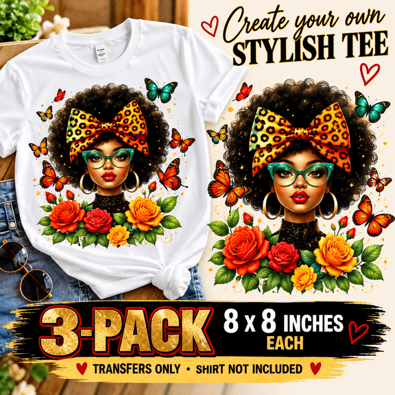 Afro Queen Leopard Bow & Butterflies Ready-to-Press Heat Transfers, Colorful Floral Black Woman Design, 8 x 8 Inch, 3-Pack