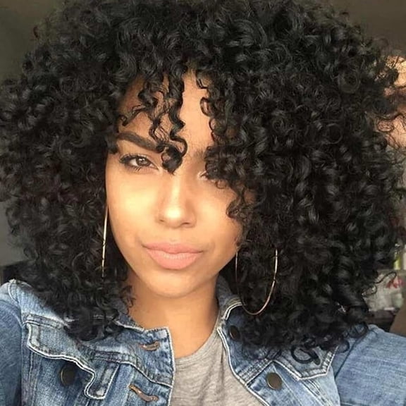 Short Curly Heat Resistant Kinky Bangs Wig, Black