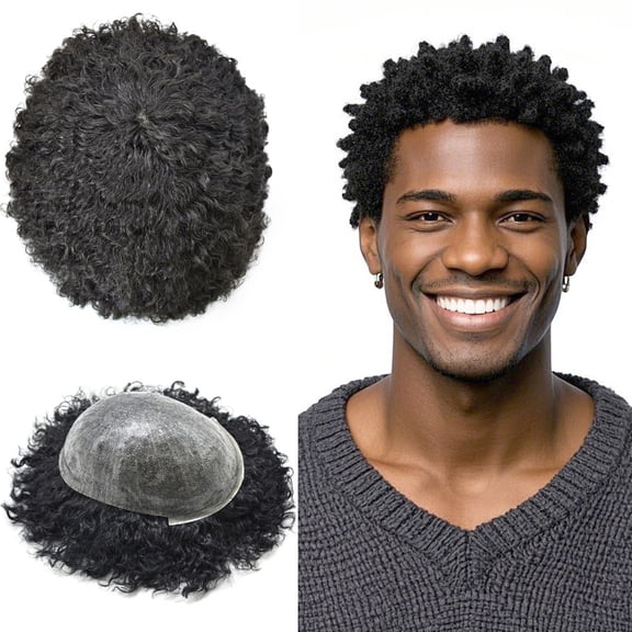 LYRICAL HAIR Toupee for Men All Poly Wavy Hairpieces for Man African American Hair Units for Black Men Mens Toupee #1 JET BLACK 8MM WAVE