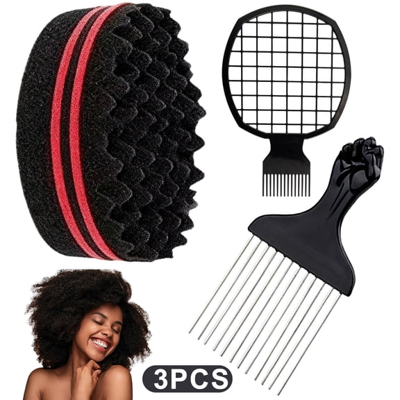 Afro Twist Hair Sponge Set, 3 in 1 4C Hair Styling Kit with Metal Pick Comb & Twist Palm Comb for Short Curly Coiled Hair, Small Hole Sponge