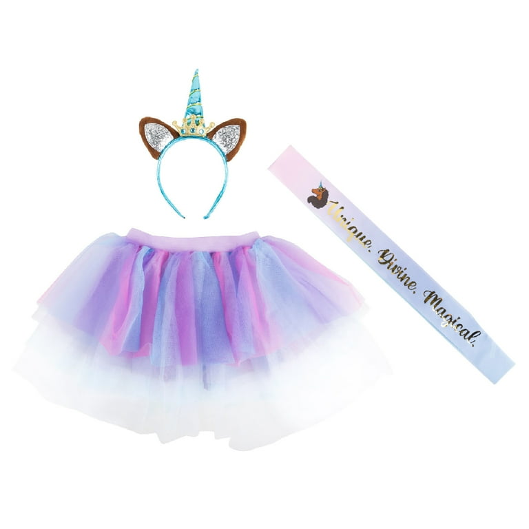 Afro Unicorn 3 Piece Dress Up Set Includes Multicolored Ombre Layered Tutu Unicorn Headband and Ombre Sash Walmart