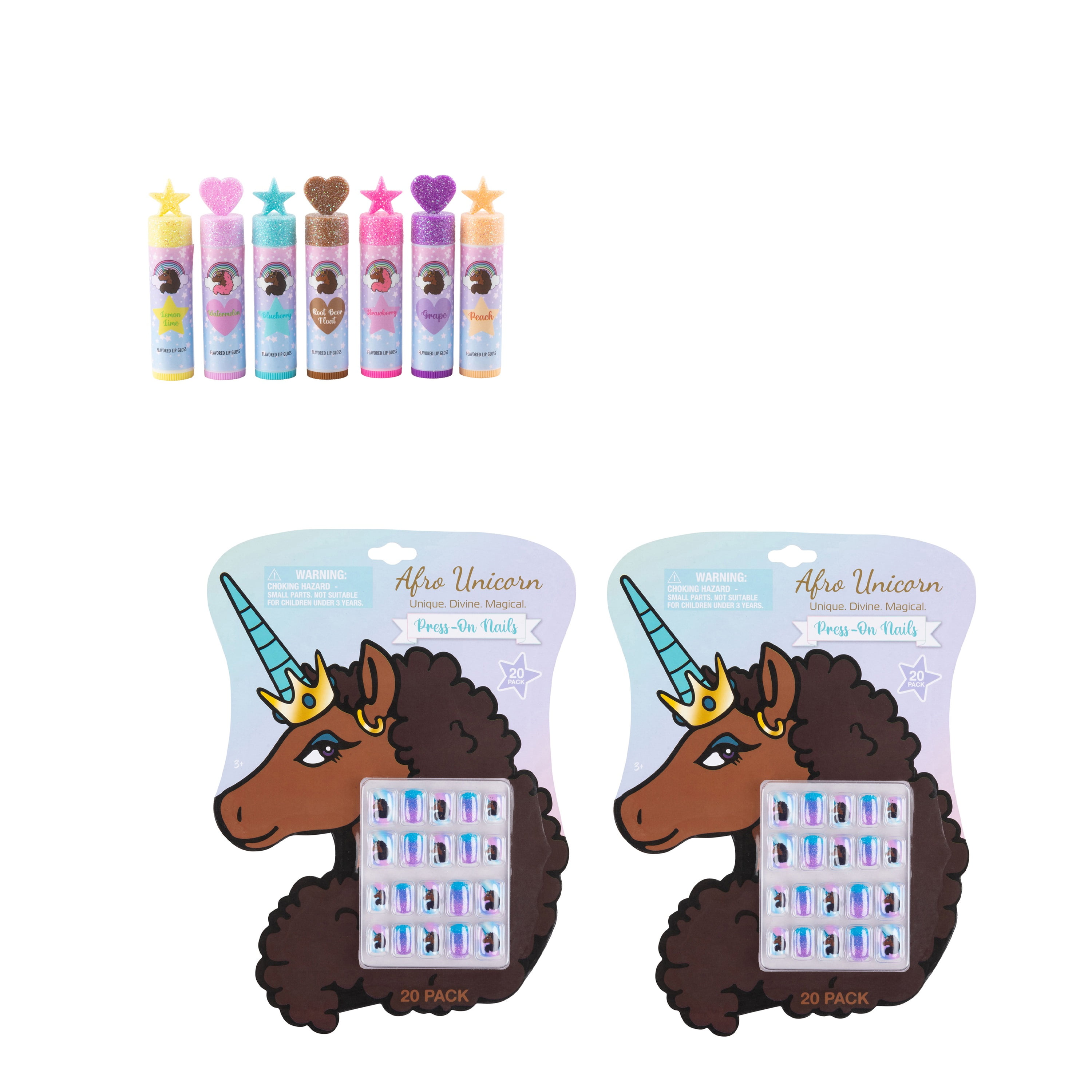 Afro Unicorn 47 Piece Cosmetic Set including Lip Balms and Nail Designs,  Multicolored 