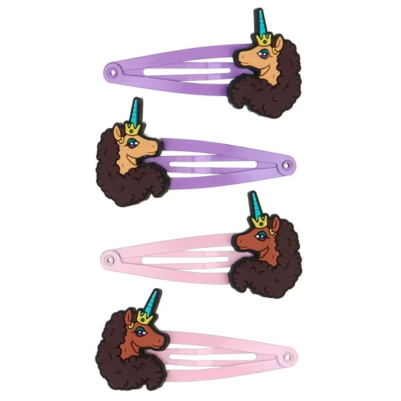 Afro Unicorn 4pc Hair Snap Clips with Silicone Character Heads in Purple and Pink