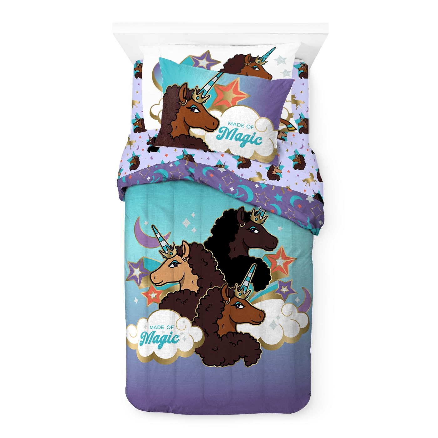 Afro Unicorn Blue 5 Piece Twin Bed Set w/ Sham, 100% Microfiber